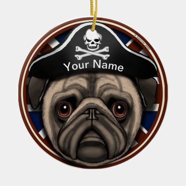 Ornamento De Cerâmica Pug Pirata (Frente)