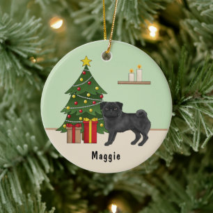Ornamento De Cerâmica Pug Preto Cachorro de Desenho Animado Fofo Com Uma