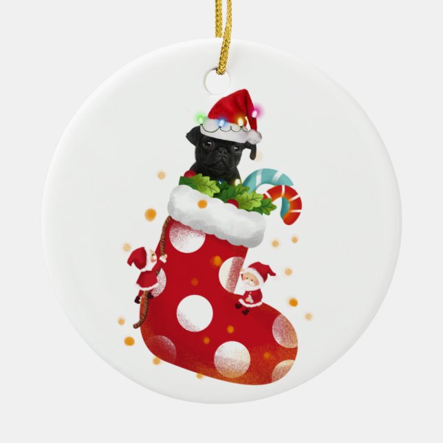 Ornamento De Cerâmica Pug Preto com Natal De Meia-Chapéu (Frente)