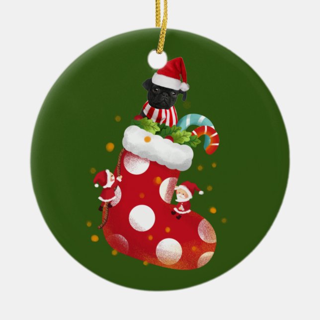 Ornamento De Cerâmica Pug Preto Com Socking (Frente)