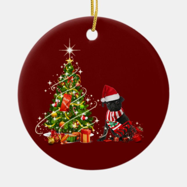 Ornamento De Cerâmica Pug Preto com Vaso de Chapéu (Frente)