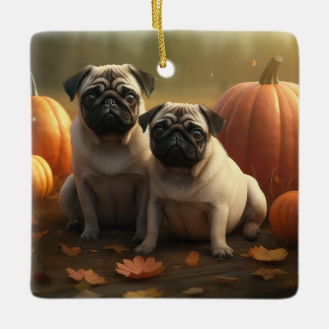 Ornamento De Cerâmica Pug Puppy Autumn Delight Pumpkin (Frente)