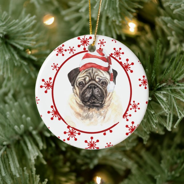 Ornamento De Cerâmica Pug Santa Hat Red Snowflake Natal (Árvore)