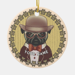 Ornamento De Cerâmica Pug Usando Óculos