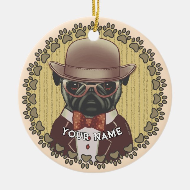 Ornamento De Cerâmica Pug Usando Óculos (Frente)