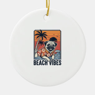 Ornamento De Cerâmica Pug Vibrações da Praia Design de Gravura Vintage_1