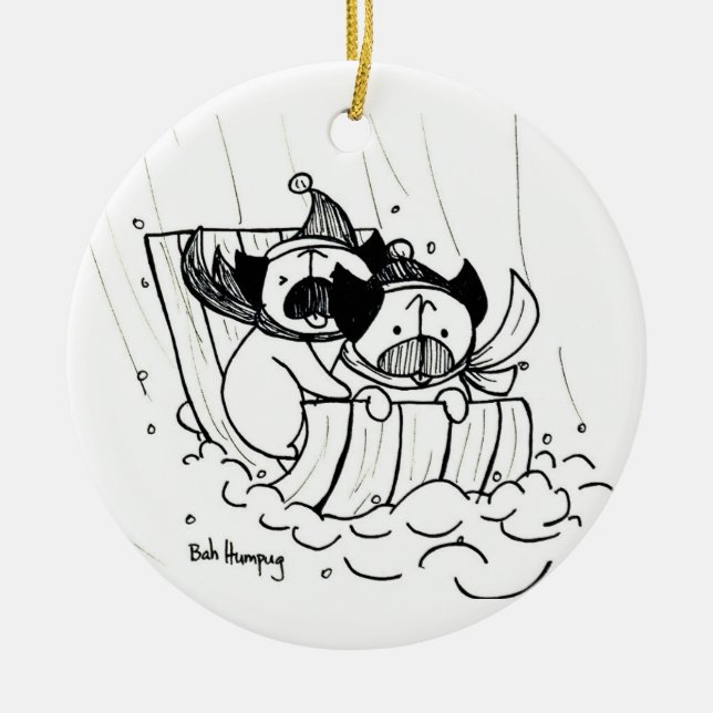 Ornamento De Cerâmica Pugs Sledding (Frente)
