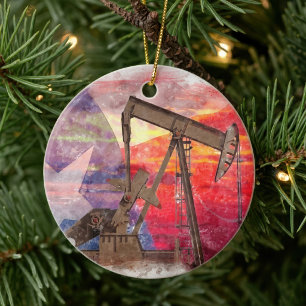 Ornamento De Cerâmica Pumpjack Texan ícone pastel desenho com Texas Flag