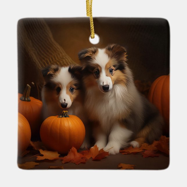 Ornamento De Cerâmica Pumpkin de Abóbora de Shetland Sheepdog (Frente)