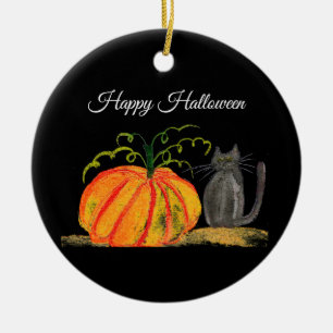 Ornamento De Cerâmica Pumpkin de Halloween Laranja de Gato