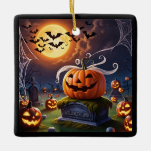 Ornamento De Cerâmica Pumpkin de Halloween num Headstone