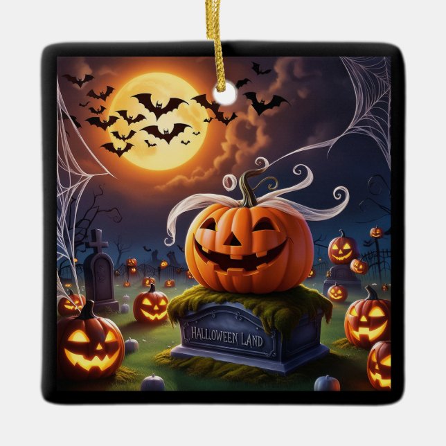 Ornamento De Cerâmica Pumpkin de Halloween num Headstone (Frente)
