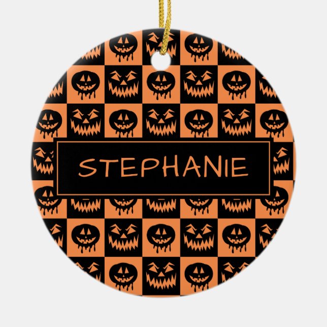 Ornamento De Cerâmica Pumpkin Face Ghost Spooky Patterno de Halloween Pe (Frente)