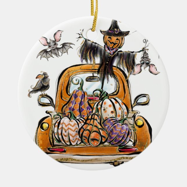 Ornamento De Cerâmica Pumpkin Patch Truck com pássaro espantalho de morc (Frente)