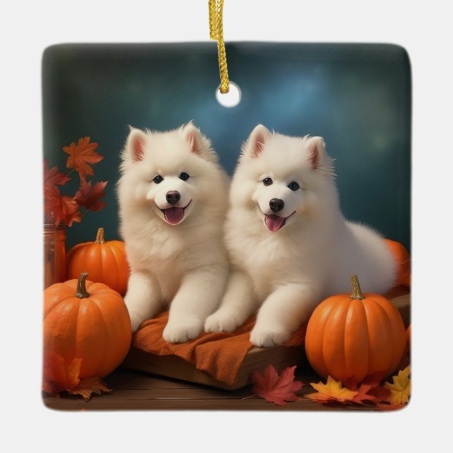 Ornamento De Cerâmica Pumpkin Samoed Puppy Autumn Delight (Frente)