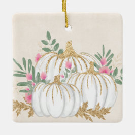 Ornamento De Cerâmica Pumpkins branco e Dourado Aquarela