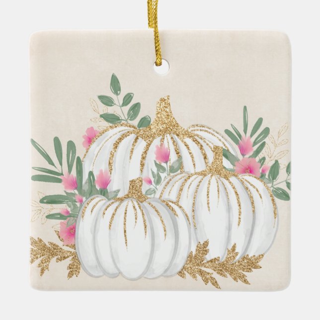 Ornamento De Cerâmica Pumpkins branco e Dourado Aquarela (Frente)