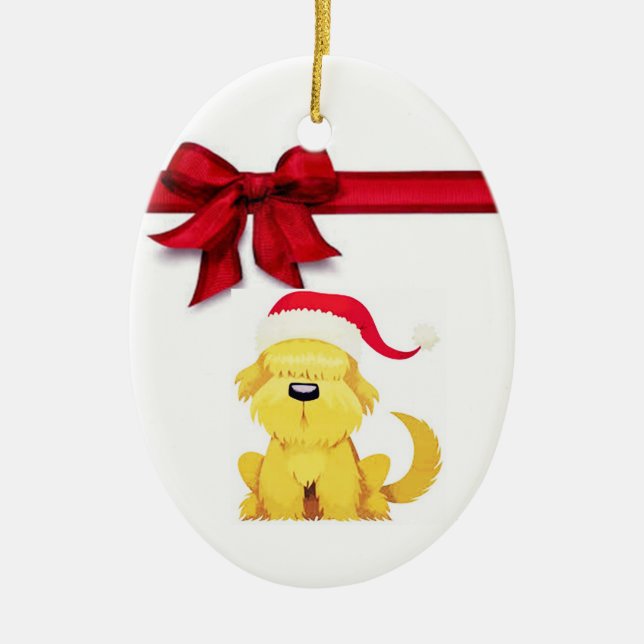 ORNAMENTO DE CERÂMICA ***PUP DE NATAL COM ARCO VERMELHO BRILHANTE*** (Frente)