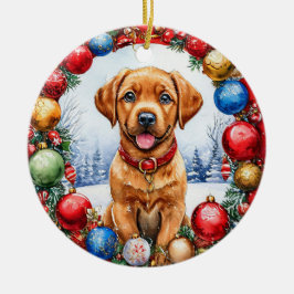 Ornamento De Cerâmica Puppy Adorável, cercado por Decorações de Natal