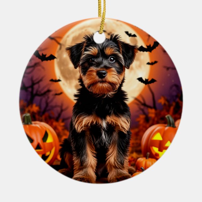 Ornamento De Cerâmica Puppy Adorável com Fundo Halloween (Frente)