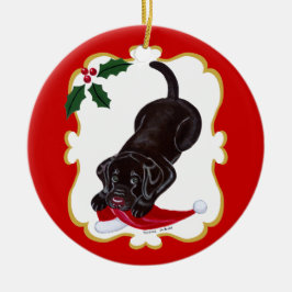 Ornamento De Cerâmica Puppy de chocolate personalizado com Santa Hat