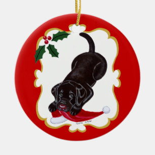 Ornamento De Cerâmica Puppy de chocolate personalizado com Santa Hat