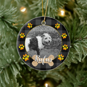 Ornamento De Cerâmica Puppy Dog photo & bone, paws, Gray buffalo Plaid