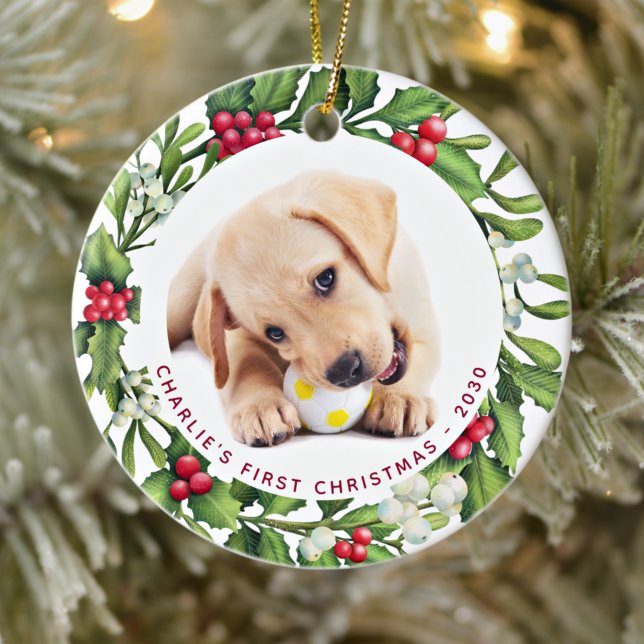 Ornamento De Cerâmica Puppy Dog Primeiro Natal Personalizado 2 Foto Mist (Criador carregado)