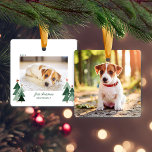 Ornamento De Cerâmica Puppy Dog's First Christmas Rustic Trees Photo<br><div class="desc">Puppy Dog's First Christmas is the perfect take on First Christmas! Cute, Modern yet Rustic Christmas Holiday Photo Square Ornaments featuring adorable little forests of rustic Christmas trees and Merry Christmas in modern typography. Add 2 of your favorite photos for the perfect ornament! Please contact us at cedarandstring@gmail.com if you...</div>
