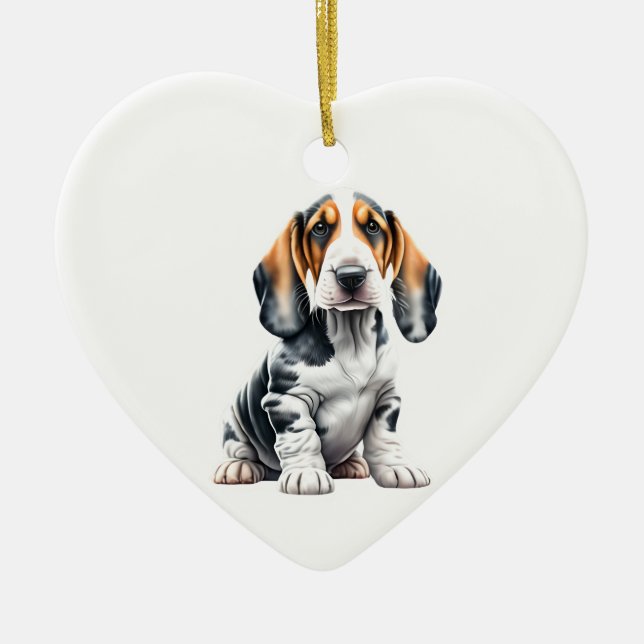 Ornamento De Cerâmica Puppy personalizado de caça com basset (Frente)