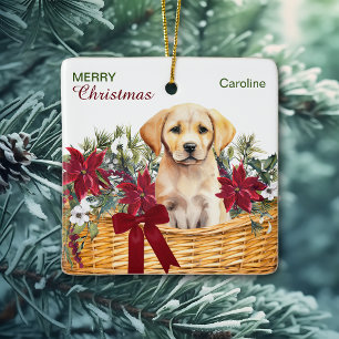 Ornamento De Cerâmica Puppy Poinsettia Cesta de Natal do Laboratório Ama