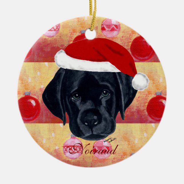 Ornamento De Cerâmica Puppy Preto de Natal Personalizado (Frente)