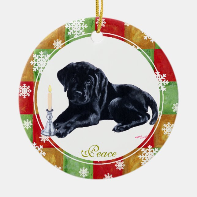 Ornamento De Cerâmica Puppy Preto de Natal Personalizado (Frente)
