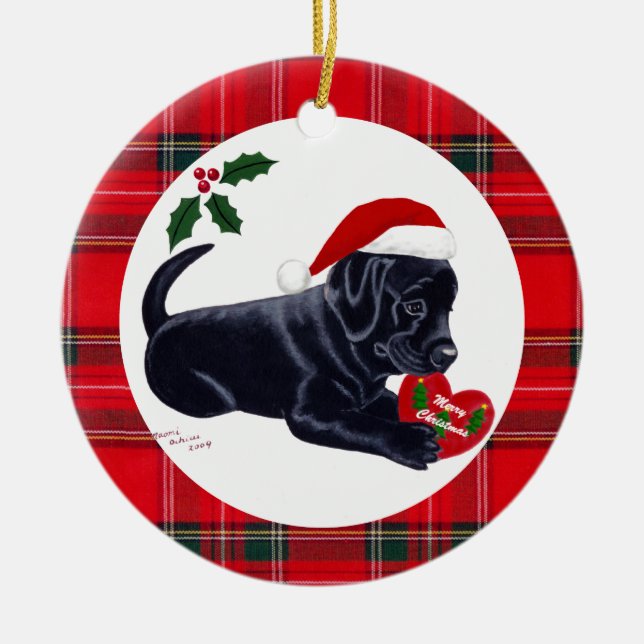 Ornamento De Cerâmica Puppy preto de Natal personalizado (Frente)