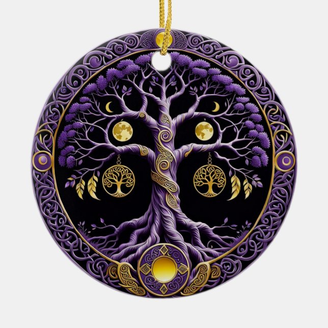 Ornamento De Cerâmica Purple and Gold Tree of Life Mandala (Frente)