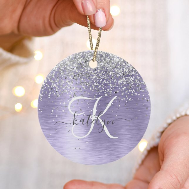 Ornamento De Cerâmica Purple Brushed Metal Silver Glitter Monogram Name (Criador carregado)