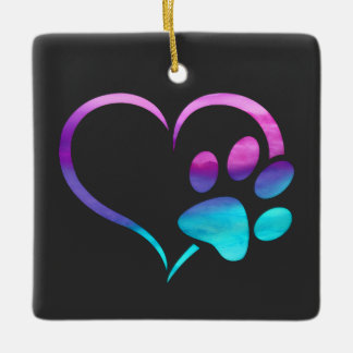 Ornamento De Cerâmica Purple Cyan Dog paw Print Heart 