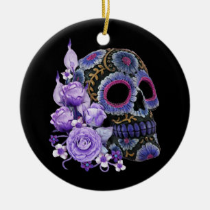 Ornamento De Cerâmica Purple Floral Black Sugar Skull Dia Dos Mortos