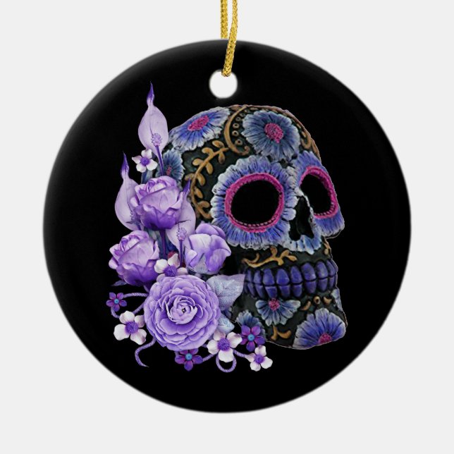 Ornamento De Cerâmica Purple Floral Black Sugar Skull Dia Dos Mortos (Frente)