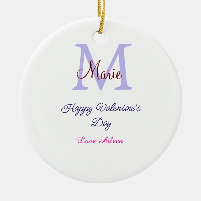 Ornamento De Cerâmica Purple pastel happy Valentine's day pink monogram  (Frente)