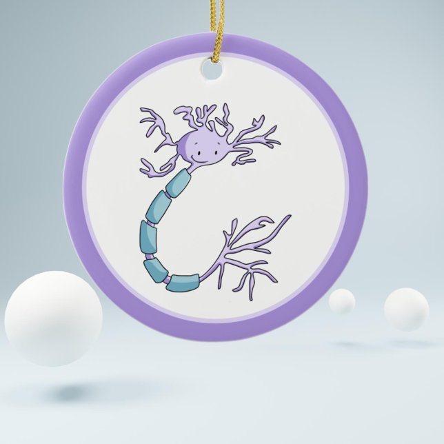Ornamento De Cerâmica Púrpura Cartoon Neuron Cell Biology Natal (Cute cartoon neuron illustration  christmas ornament makes the perfect gift for biologists)