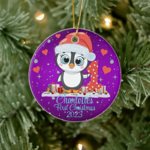 Ornamento De Cerâmica Púrpura de Natal do Pinguim Cute