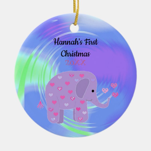 Ornamento De Cerâmica Púrpura Elefante - Primeiro Natal (Frente)