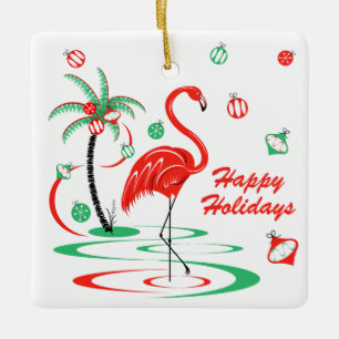 Ornamento De Cerâmica Quadrado de férias de Flamingo de Natal Vermelho
