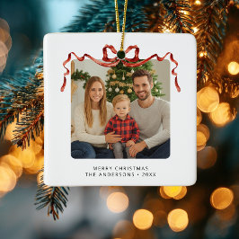 Ornamento De Cerâmica Quadrado de Foto de Natal com Laço Vermelho