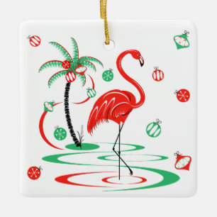 Ornamento De Cerâmica Quadrado de Texto Flamingo Baubles de Natal Vermel