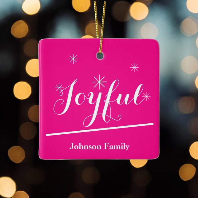 Ornamento De Cerâmica Quadrado Quente-Rosa do Script de Nome Personaliza (Help create a Joyful holiday mood with a  personalized hot pink ceramic Christmas ornament.)
