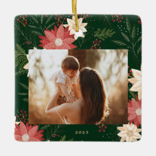 Ornamento De Cerâmica quadro botânico de foto de natal alegre verde