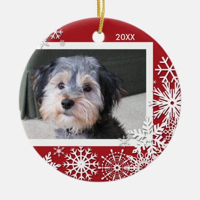 Ornamento De Cerâmica Quadro da foto do floco de neve para o Natal (Frente)