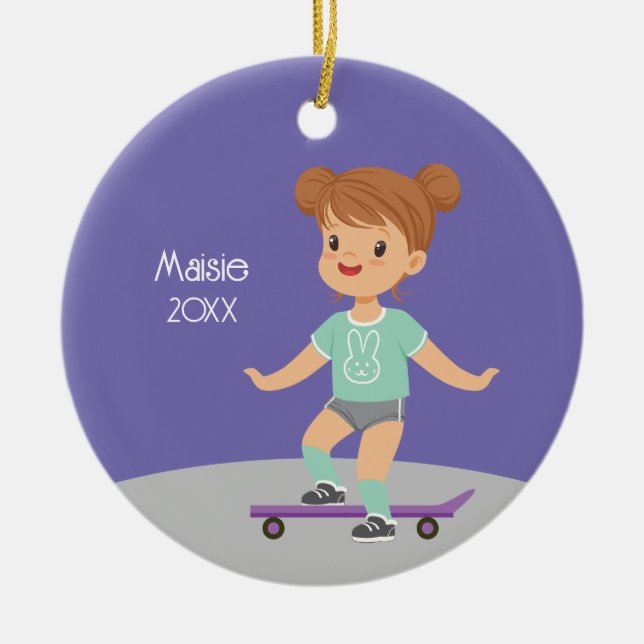 Ornamento De Cerâmica Quadro de Skate para Menina de Brunette (Frente)